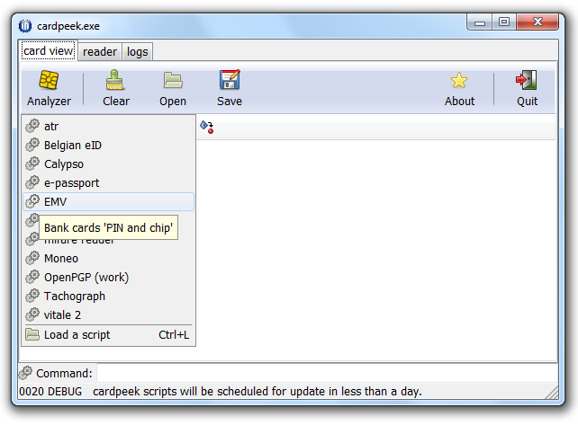 Снимок экрана, показывающий меню анализатора в Cardpeek.